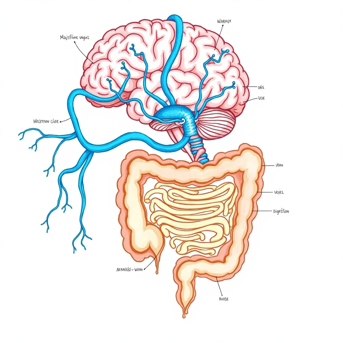 diagram of the gut-brain connection, showing the communication between the brain and digestive system through the vagus nerve.