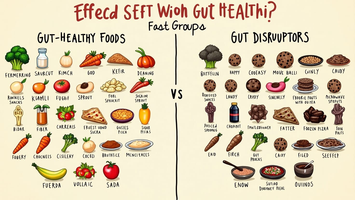 Table comparing gut-healthy foods fermented foods, fiber-rich vegetables versus foods that disrupt gut health  sugary snacks processed foods